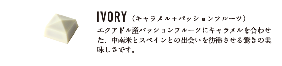 IVORY（キャラメル＋パッションフルーツ） エクアドル産パッションフルーツにキャラメルを合わせた、中南米とスペインとの出会いを彷彿させる驚きの美味しさです。