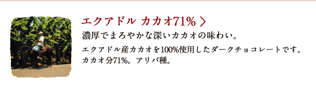 エクアドル カカオ71% 濃厚でまろやかな深いカカオの味わい。 エクアドル産カカオを100%使用したダークチョコレートです。カカオ分71%。アリバ種。