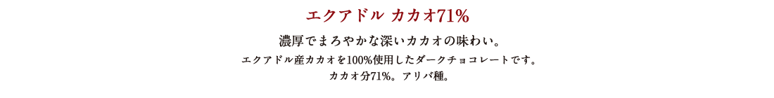 エクアドル カカオ71% 濃厚でまろやかな深いカカオの味わい。 エクアドル産カカオを100%使用したダークチョコレートです。カカオ分71%。アリバ種。